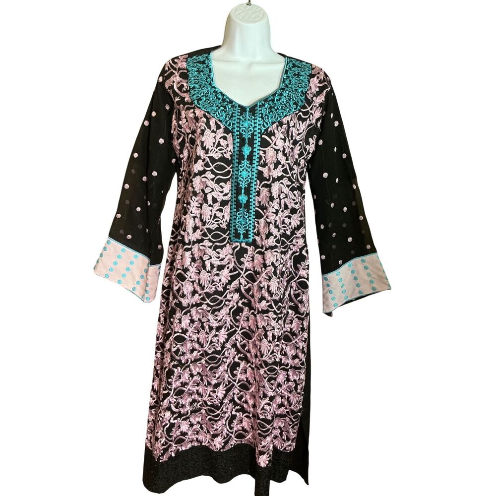 Rabia Art Black Pink‎ Turquoise Embroidered Kurti Tunic Dress  Size S